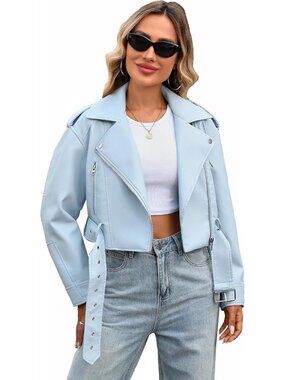 Women's Blue Faux Leather Minimalist Zip Up Cropped Belted Moto Biker Jacket